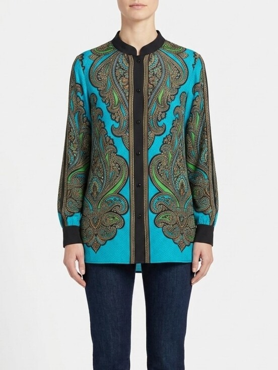 Bob Mackie Tops - Vintage Bob Mackie Wearable Art Turquoise Paisley Tunic Button Front Top Size L